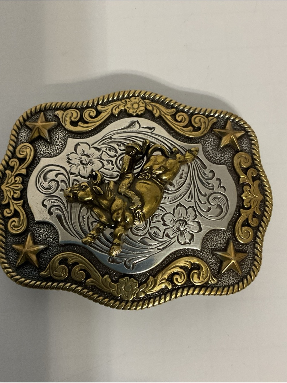 Nocona youth bull rider and stars rectangle belt buckle